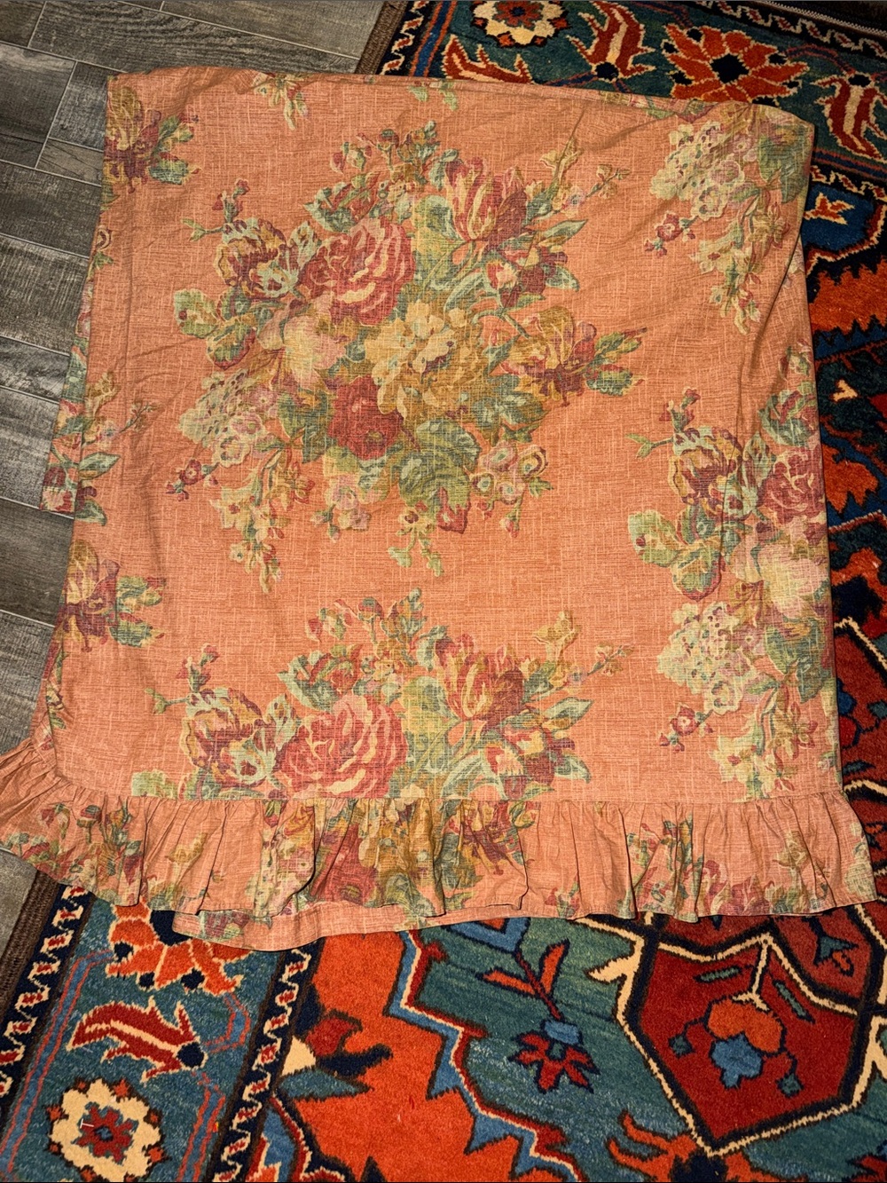 Vintage 1980s Ralph Lauren MAURA King Flat Sheet Ruffled Muted Pink Floral